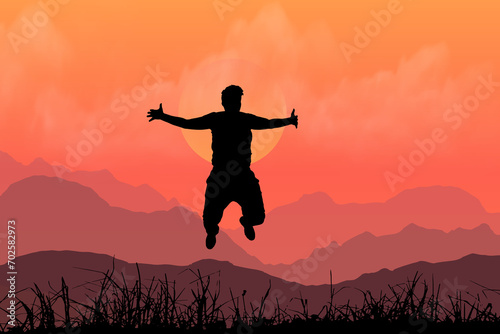 Happy man jumping for joy at sunset illustration. Success and happiness concept.