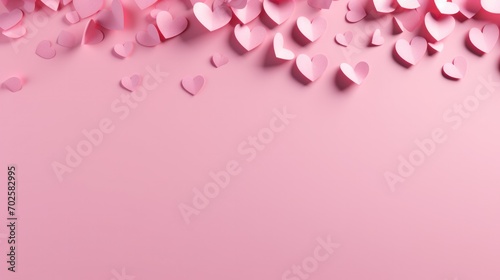 Paper hearts scattered on pink background. Valentine's Day backdrop. © Postproduction