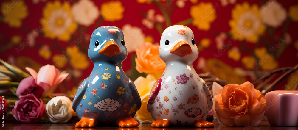 Quirky Lovebirds: Two Ducks in Blue anA Valentine's Day Love Concept with Copy Space d Pink, A Symbol of Valentine's Romance,