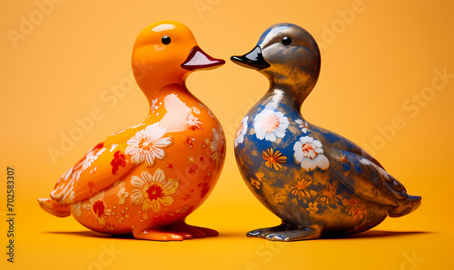 Quirky Lovebirds: Two Ducks in Blue anA Valentine's Day Love Concept with Copy Space d Pink, A Symbol of Valentine's Romance,
