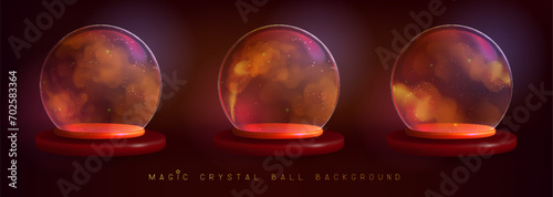 Set of magic crystal glass balls with flowing gold smoke or steam inside. Vector illustration