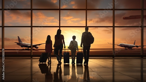 Silhouette of business travelers walking towards boarding gate at modern airport terminal. Image of traveller at the airport. photo