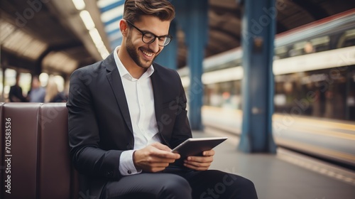 Smiling businessman using tablet on the way to office. Business, education, lifestyle concept. high quality image. copy space.