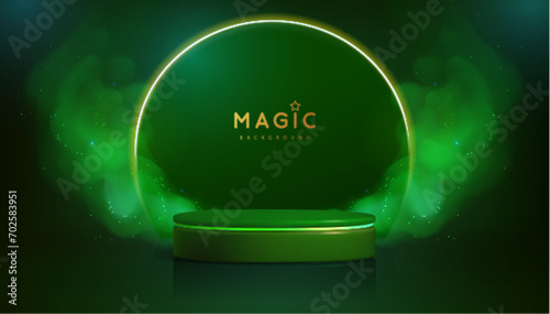 Magic green showcase background with 3d podium and green fog or steam. Glowing shiny trail. Vector illustration