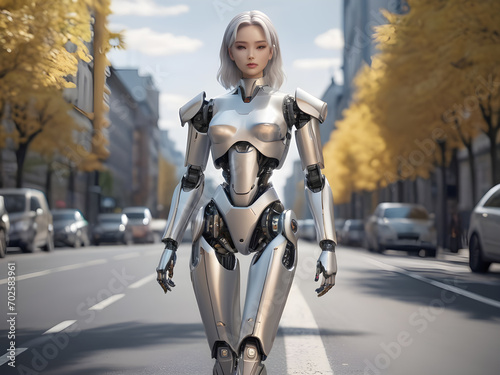 Female robot with Asian face. Walk the streets of Berlin in ultra-realistic, high-octane 3D.