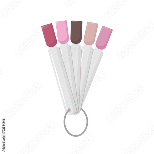 Nail tips with gel polish, false varnish nails palette. Pedicure, manicure in beauty spa salon tools, accessories. Polished fingernails, equipment