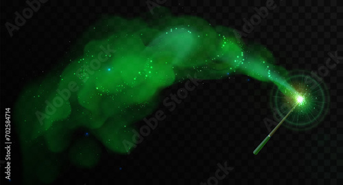 Magic wand with green glowing shiny trail isolated on black transparent background. Vector illustration