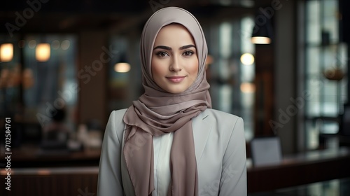 Confident Muslim business woman in hijab and suit in modern office