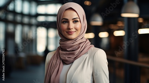 Confident Muslim business woman in hijab and suit in modern office