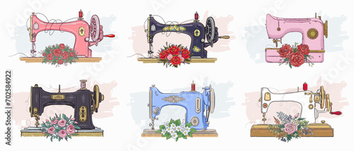 Set of hand drawn retro sewing machine isolated on white background. Vintage style. Sewing sketch equipment. Atelier symbol. Needlework tools. Vector illustration