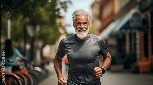 Senior man running outdoors and enjoying a healthy lifestyle for long life