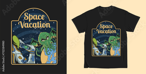 Space vacation graphic t-shirt design, monster alien vector illustration for t-shirt, apparel and clothing design