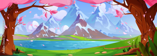 Spring cartoon landscape with pink flowering trees on shore of lake or river at foot of high rocky mountains under blue sky with clouds. Vector scenery of cherry or sakura flower near pond and hills.
