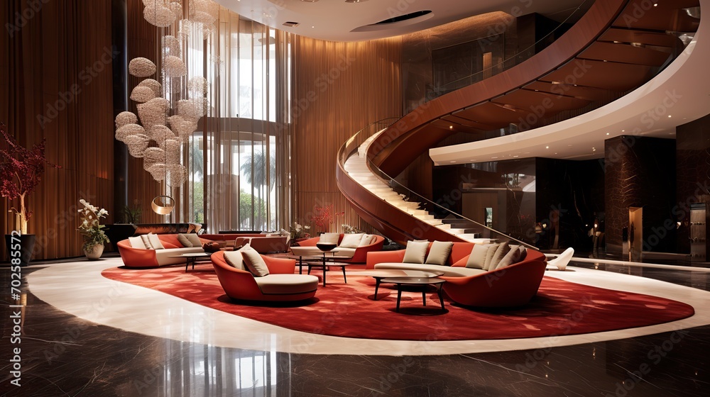 The lobby of the resort hotel has a red sandstone wall as the