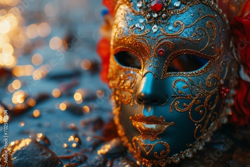 venetian carnival mask with decorative decorations, in the style of dark teal and light magenta, vibrant stage backdrops, light gold and orange, selective focus © MaskaRad
