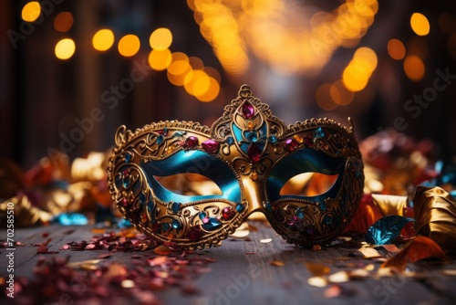 venetian carnival mask with decorative decorations, in the style of dark teal and light magenta, vibrant stage backdrops, light gold and orange, selective focus