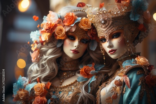 two carnival masks in venice with flower decorations, beautiful women, detailed miniatures, dark orange and aquamarine, fantasy-inspired art