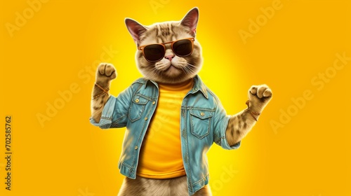 cool dancing cat in sunglasses on a yellow background, Generative ai © The Deep Designer