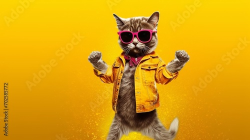 cool dancing cat in sunglasses on a yellow background, Generative ai photo