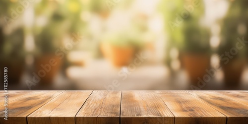 The empty wooden plank table with unfocused background. Exuberant image. generative ai © Summit Art Creations