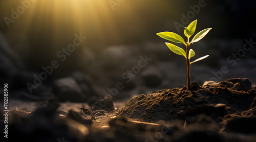 Plant in soil with sunrays photo
