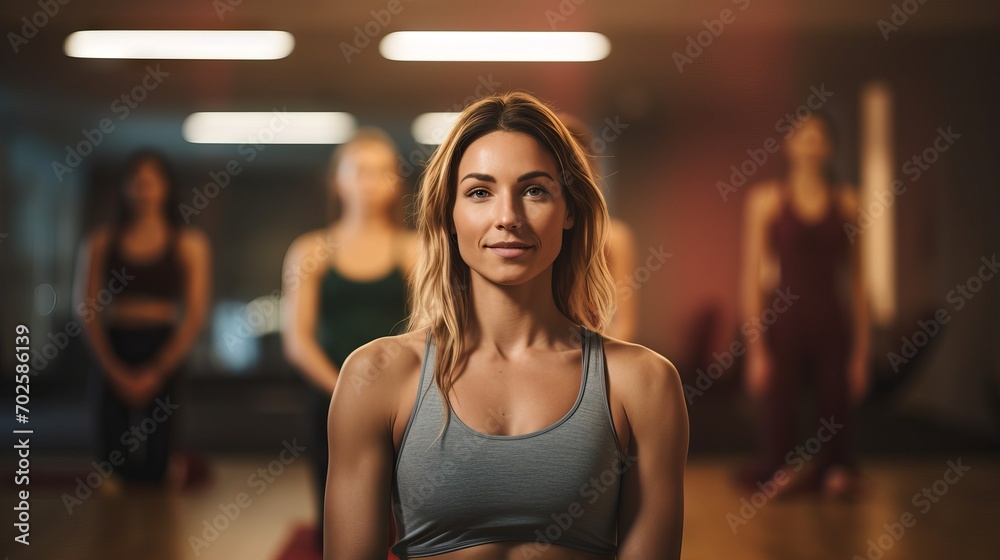 Woman practicing yoga with her instructor and classmates in a modern fitness studio