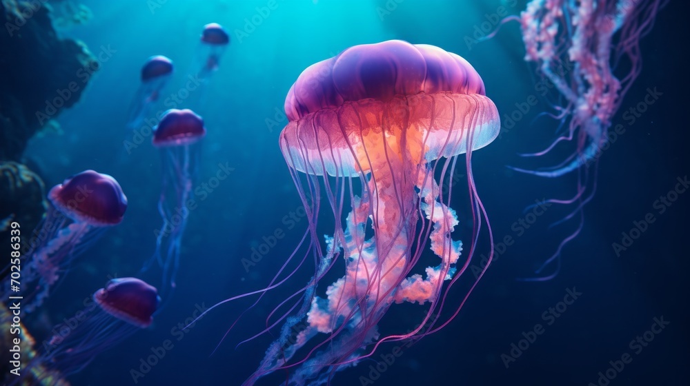 Obraz premium a bright jellyfish in its natural habitat. sea or ocean, underwater life. marine background. a glowing medusa.
