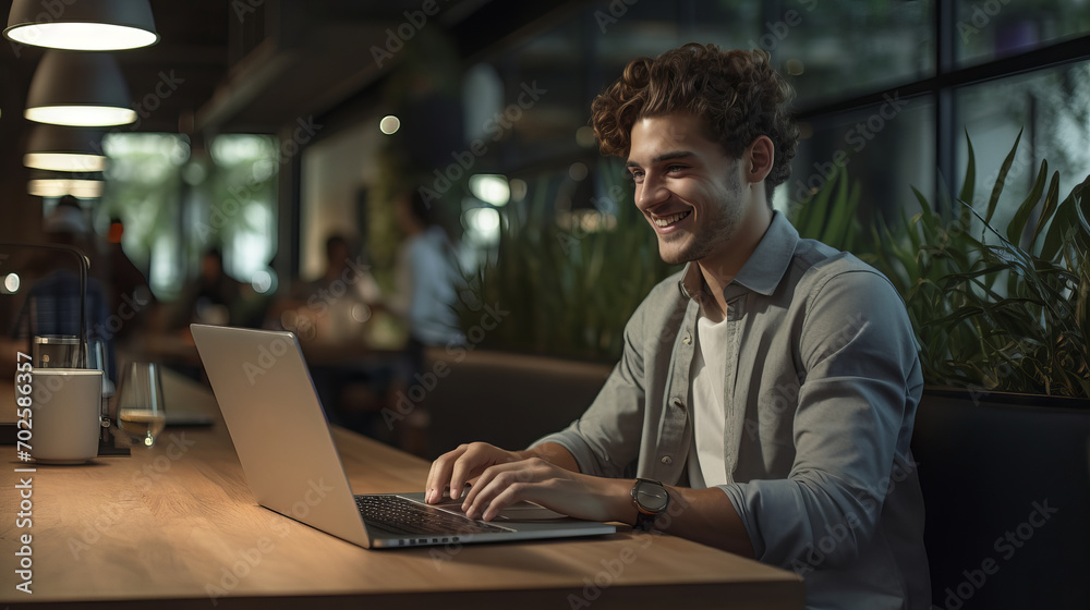 Happy young man smiling and working on laptop at outdoor Happy young man smiling and working on laptop at outdoor