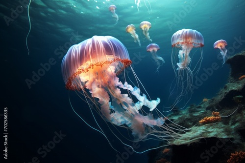 a bright jellyfish in its natural habitat. sea or ocean, underwater life. marine background. a glowing medusa. © MaskaRad