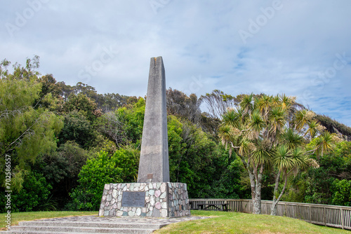 Haast new zealand 14th Dec 2023: the stone monument to commemorate the road link between Westland and Otage at Knights Point Lookout. photo