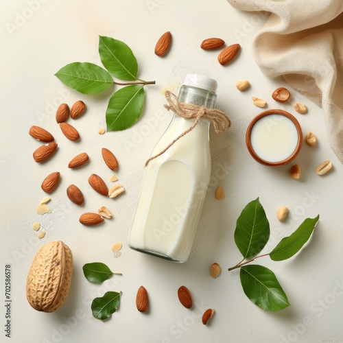 almond milk, a bottle with a drink and a scattering of nuts. flat layout, top view. dairy products.