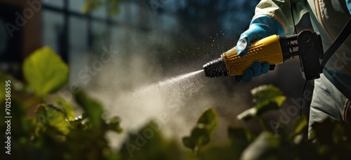 Gardener spraying plants with water to promote growth. Gardening and plant care.