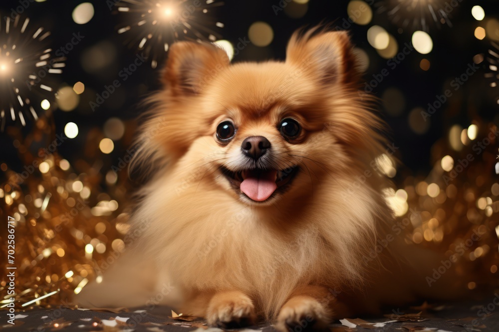 red-haired pomeranian on a festive blurred background with a side. pet and a festive atmosphere. dog celebrates a birthday or Christmas. red-haired pomeranian on a festive blurred background with a side. pet and a festive atmosphere. dog celebrates a birthday or Christmas.