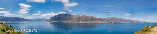 the panorama view of lake Hawea.  It is in the Otago Region New Zealand,  at an altitude of 348 metres. It covers 141 km² and reaches 392 metres deep. photo