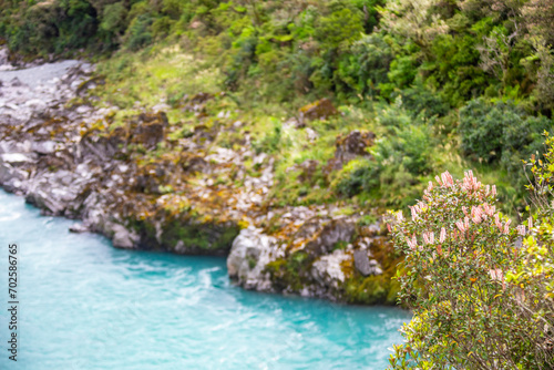 the view of Hokitika Gorge, a major tourist destination some 33 km or 40 minutes drive inland from Hokitika, New Zealand With stunning blue waters and spectacular rock formations.