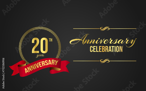 20 years anniversary logo with golden circle Decorative Flourish Ornament for leaflet, magazine, brochure poster, banner, web, invitation or greeting card. 