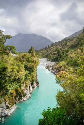 the view of Hokitika Gorge, a major tourist destination some 33 km or 40 minutes drive inland from Hokitika, New Zealand With stunning blue waters and spectacular rock formations.