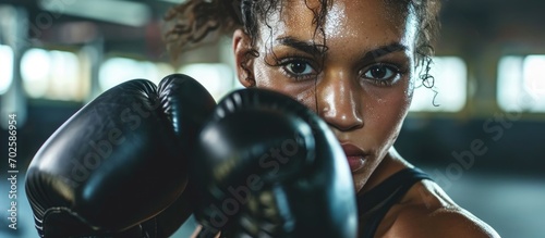 Gym close-up of a woman wearing boxing glove.