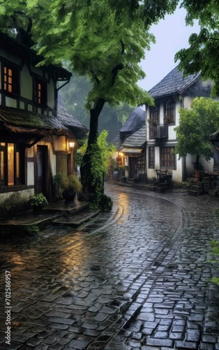 Image of a vacant village square during a downpour