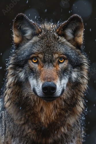closeup portrait of a grey wolf in the rain