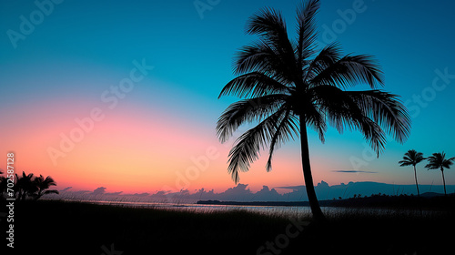 Palm tree silhouette at sunset with a golden hour sea backdrop