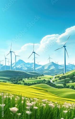 Wind Power in a Picturesque Green Hill Setting