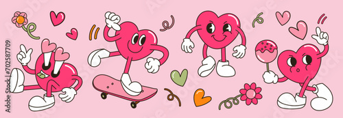 Groovy Valentine character vector set. Cute comic hippie collection of heart shaped cartoon with different poses, skateboard, candy, flowers. Design for valentine card, decorative, sticker, print.