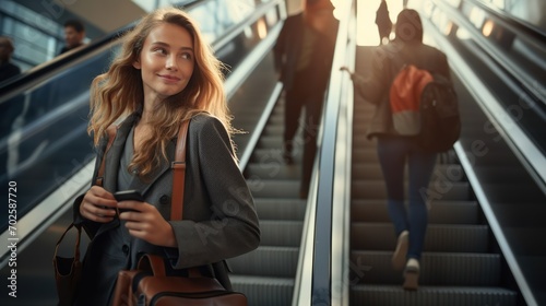 Young businesswoman with bag and phone getting up on the escalator during the business trip in the modern city. image of beautiful woman. copy space for text. photo