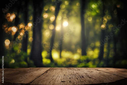 Beautiful blurred boreal forest background view with empty rustic wooden table for mockup product display. Picnic table with customizable space on table-top for editing. Flawless generative ai