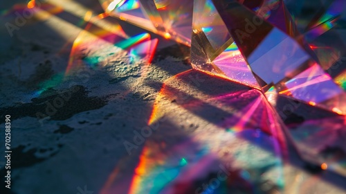 macro of crystal prism rainbow reflection of a crystal, sunny, on a white backdrop, shadow ang light, purple and pink soft light