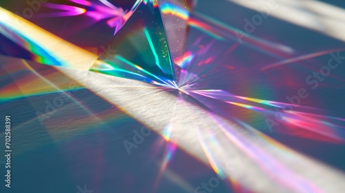 macro of crystal prism rainbow reflection of a crystal, sunny, on a white backdrop, shadow ang light, purple and pink soft light photo