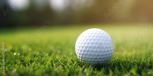 A golf ball sitting in the grass on a sunny day White golf ball against the green grass natural grass lawn in a beautiful golf course. AI Generative 