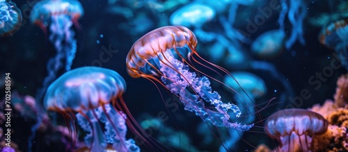 Fluorescent jellyfish in an underwater aquarium with tentacles.