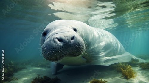 Environmental problems from plastic pollution Dugongs can eat plastic bags, mistaking them for sea grass, causing the dugong to die and be on the verge of extinction. © ND STOCK
